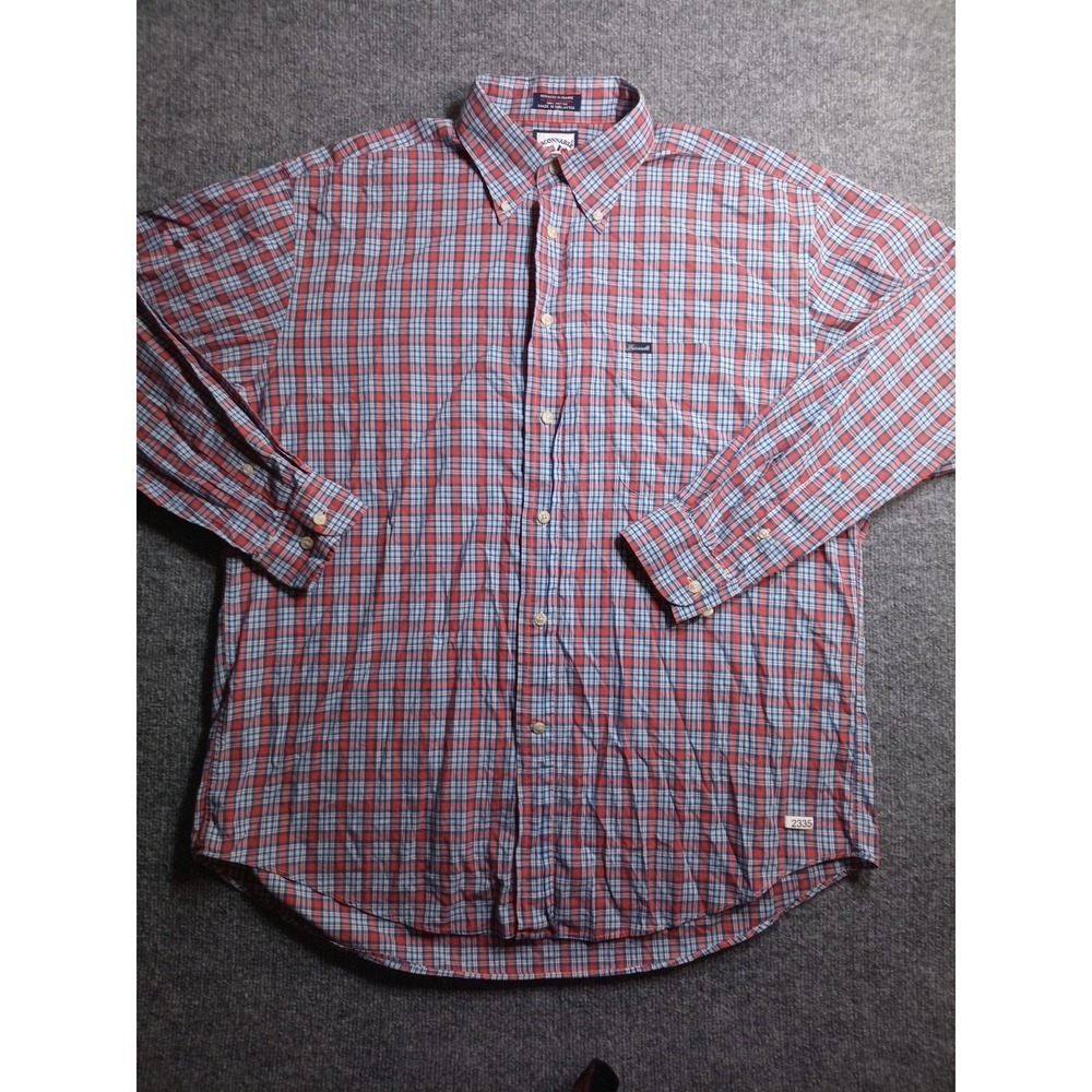 Baconnale Men's Large Plaid Button Up Shirt Red Blue Long Sleeve Cotton Casual